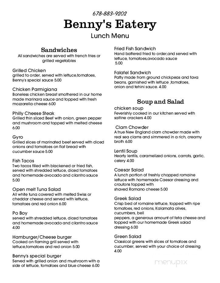 Benny's Eatery - Rockmart, GA menu_pic