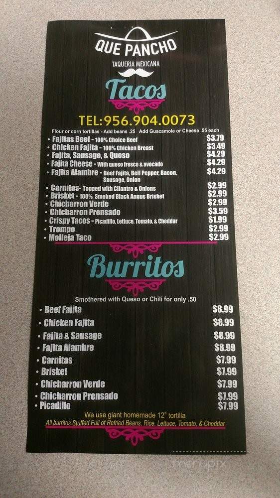 Que Pancho Taqueria - Pharr, TX menu_pic