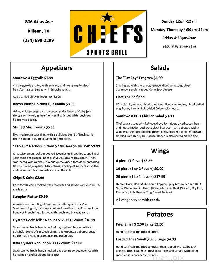 Chief's Sports Grill - Killeen, TX menu_pic