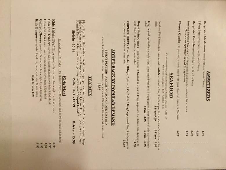 Smokin' Oaks BBQ & Steakhouse - Wesson, MS menu_pic