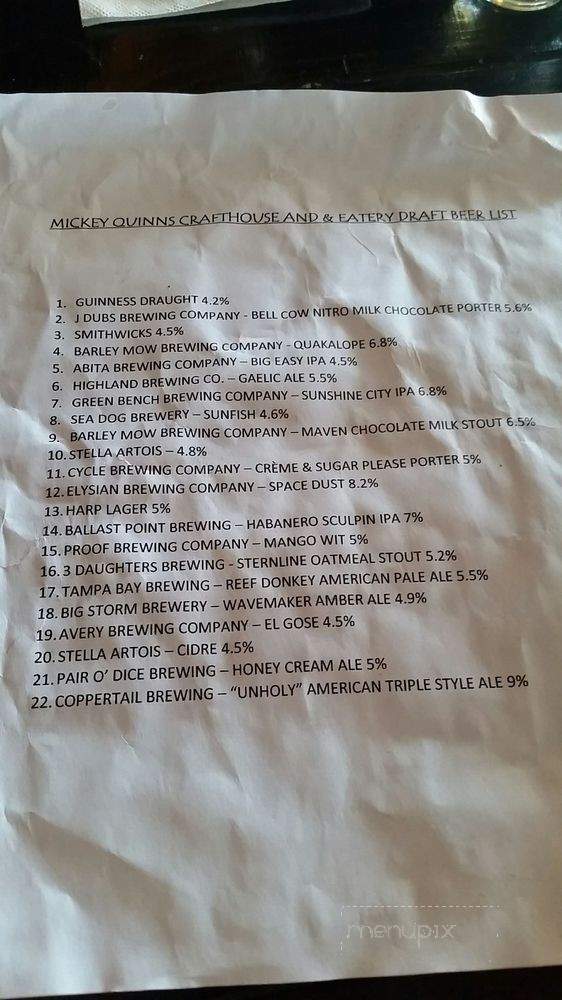 Mickey Quinns Crafthouse and Eatery - Largo, FL menu_pic
