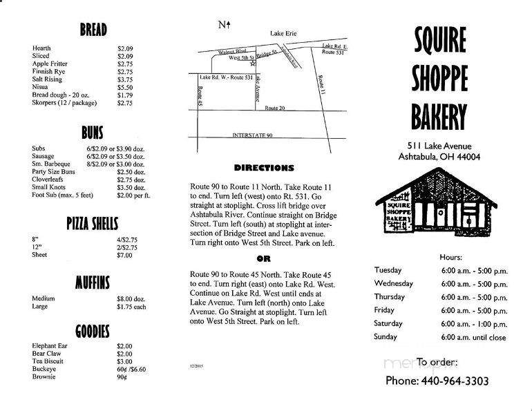 Squire Shoppe Bakery - Ashtabula, OH menu_pic