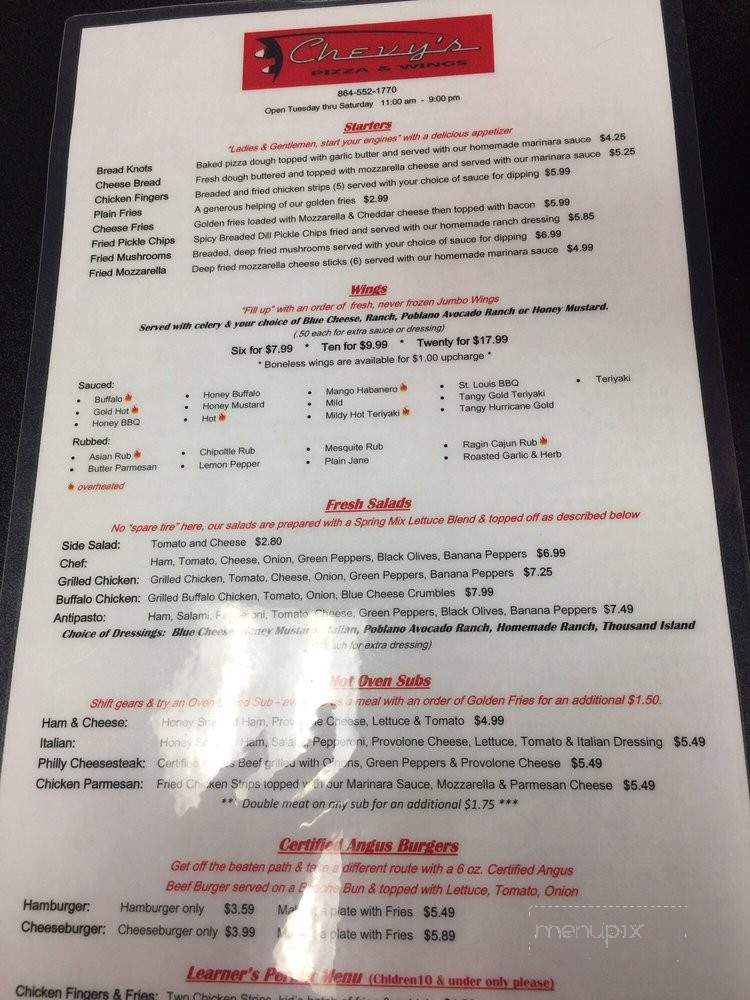 Chevy's Pizza & Wings - Powdersville, SC menu_pic