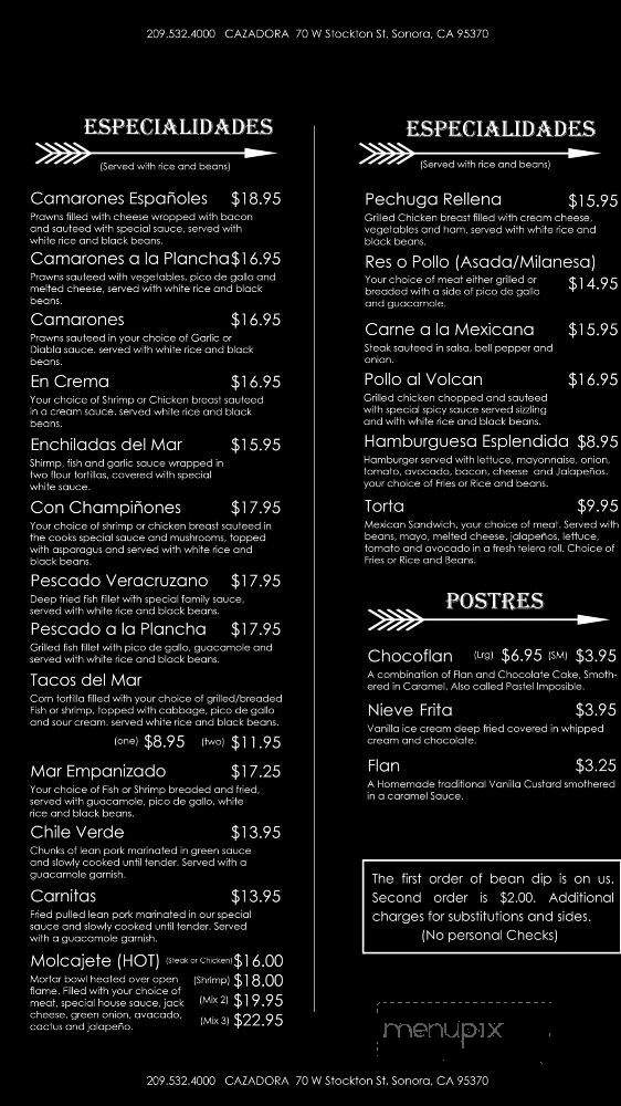 Cazadora Restaurante - Sonora, CA menu_pic