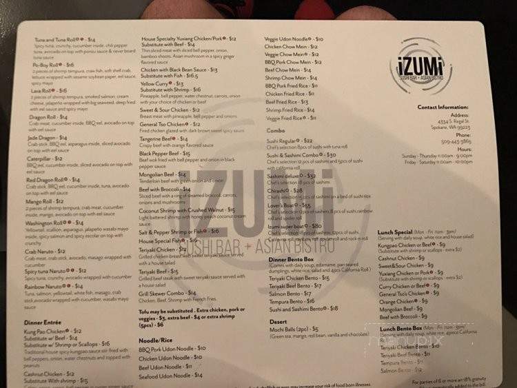Izumi Sushi and Asian Bistro - Spokane, WA menu_pic