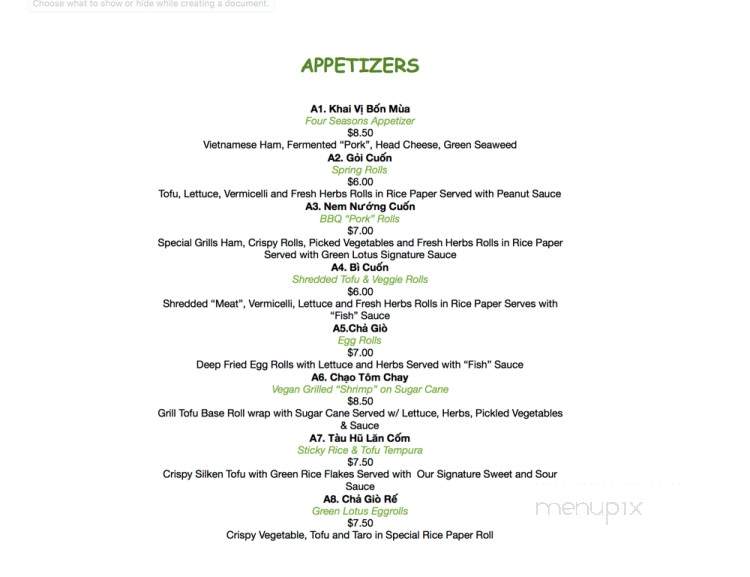 Green Lotus - San Jose, CA menu_pic