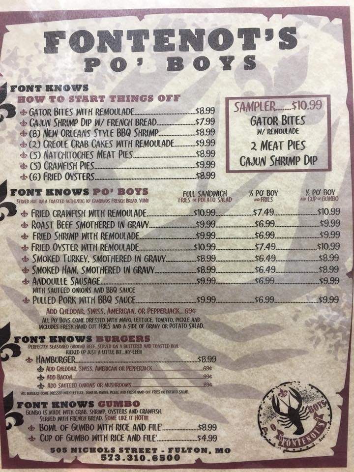 /28488443/Fontenots-Poboys-Menu-Fulton-MO - Fulton, MO