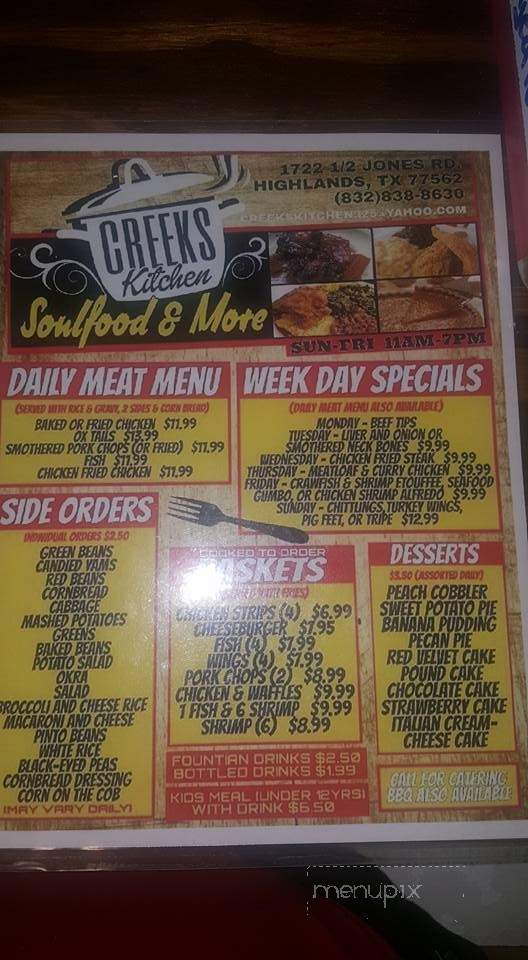 Creeks Kitchen - Highlands, TX menu_pic