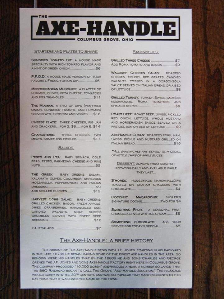 The Axe-Handle - Columbus Grove, OH menu_pic