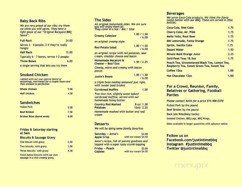 Just In Time BBQ - Cedarville, IL menu_pic