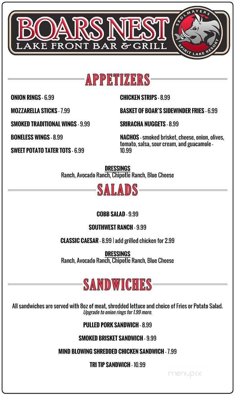 Boars Nest - Spirit Lake, ID menu_pic