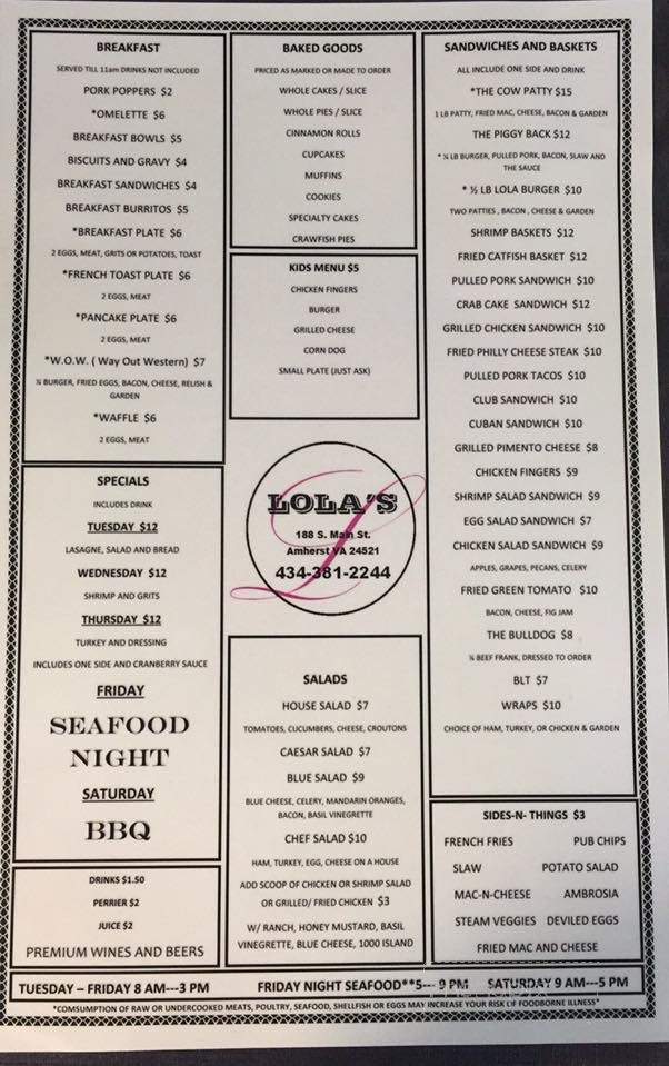 Lola's - Amherst, VA menu_pic