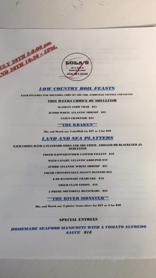 Lola's - Amherst, VA menu_pic