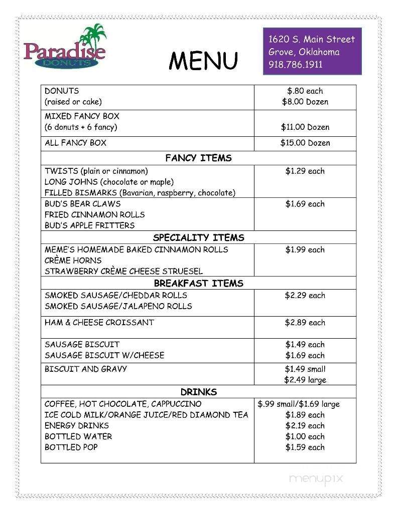 Paradise Donuts Of Grove - Grove, OK menu_pic