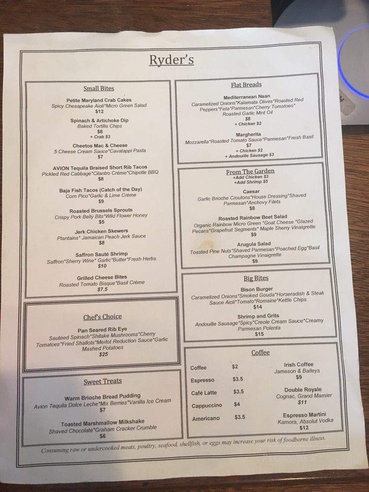 Ryder's - Baltimore, MD menu_pic
