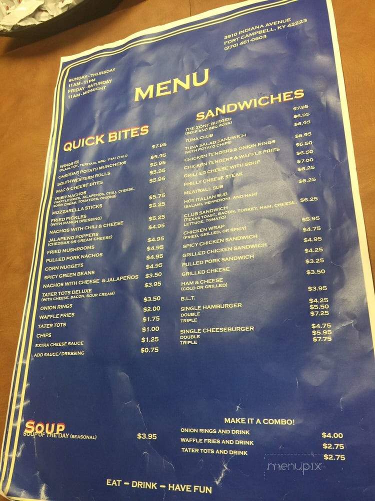 The Zone Sports Bar On Fort Campbell - Fort Campbell, KY menu_pic