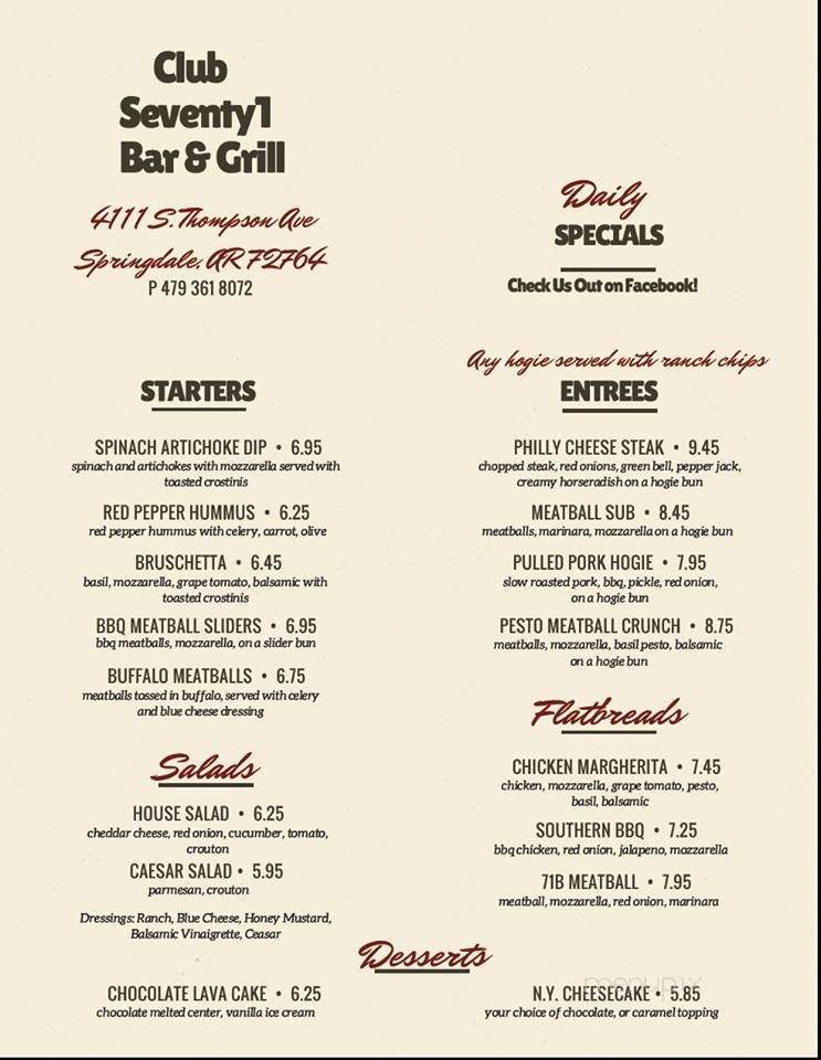 Club 71 Bar & Grill - Springdale, AR menu_pic
