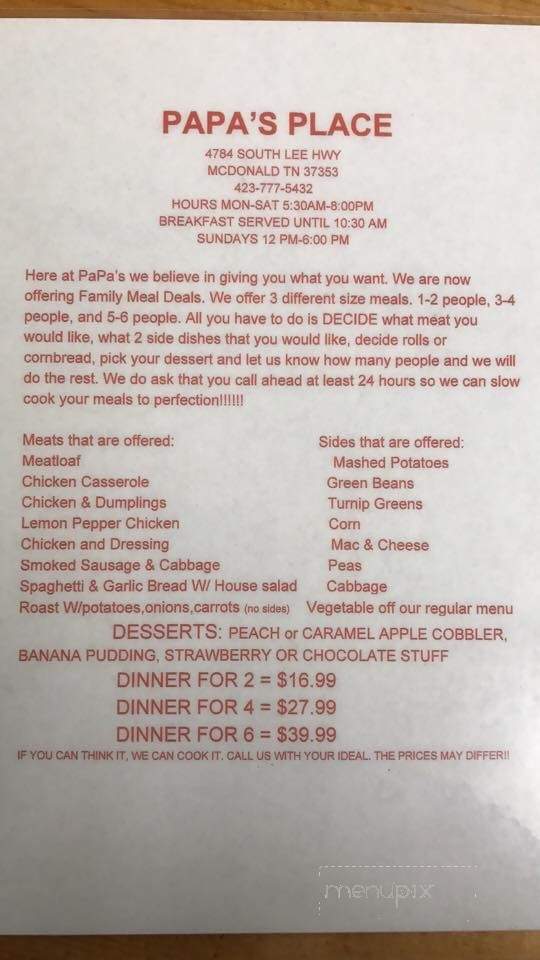 Papa's Place BBQ - McDonald, TN menu_pic