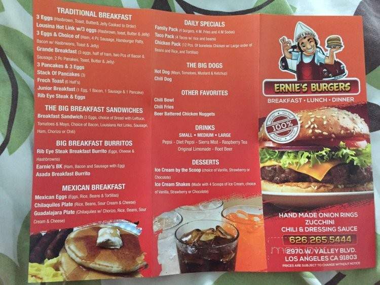 Ernie's Burgers - Alhambra, CA menu_pic