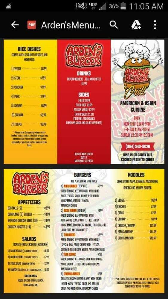 Arden's Burger & Grill - Anderson, SC menu_pic