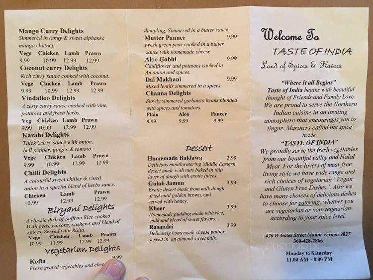 Taste of India - Mount Vernon, WA menu_pic
