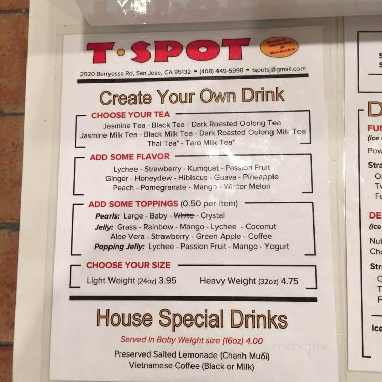T Spot Boba Drinks & Snacks - San Jose, CA menu_pic
