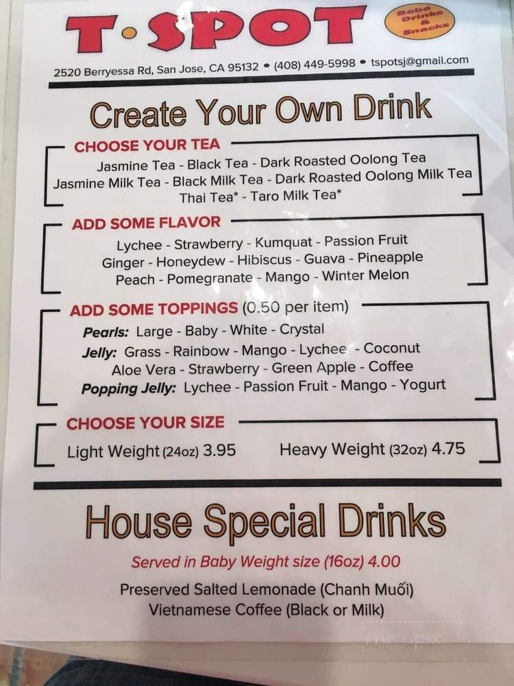 T Spot Boba Drinks & Snacks - San Jose, CA menu_pic