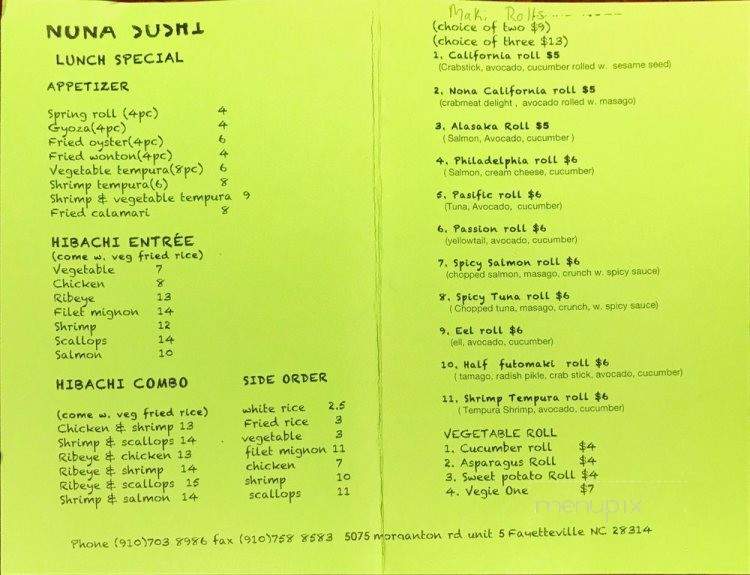 Nona Sushi - Fayetteville, NC menu_pic