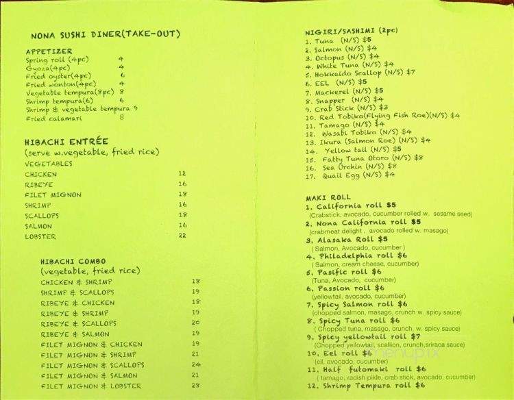 Nona Sushi - Fayetteville, NC menu_pic