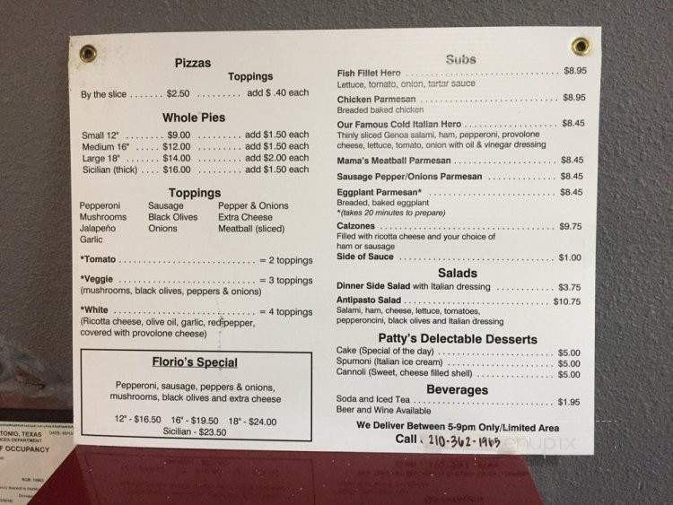 Florio's PizzaRe - Helotes, TX menu_pic