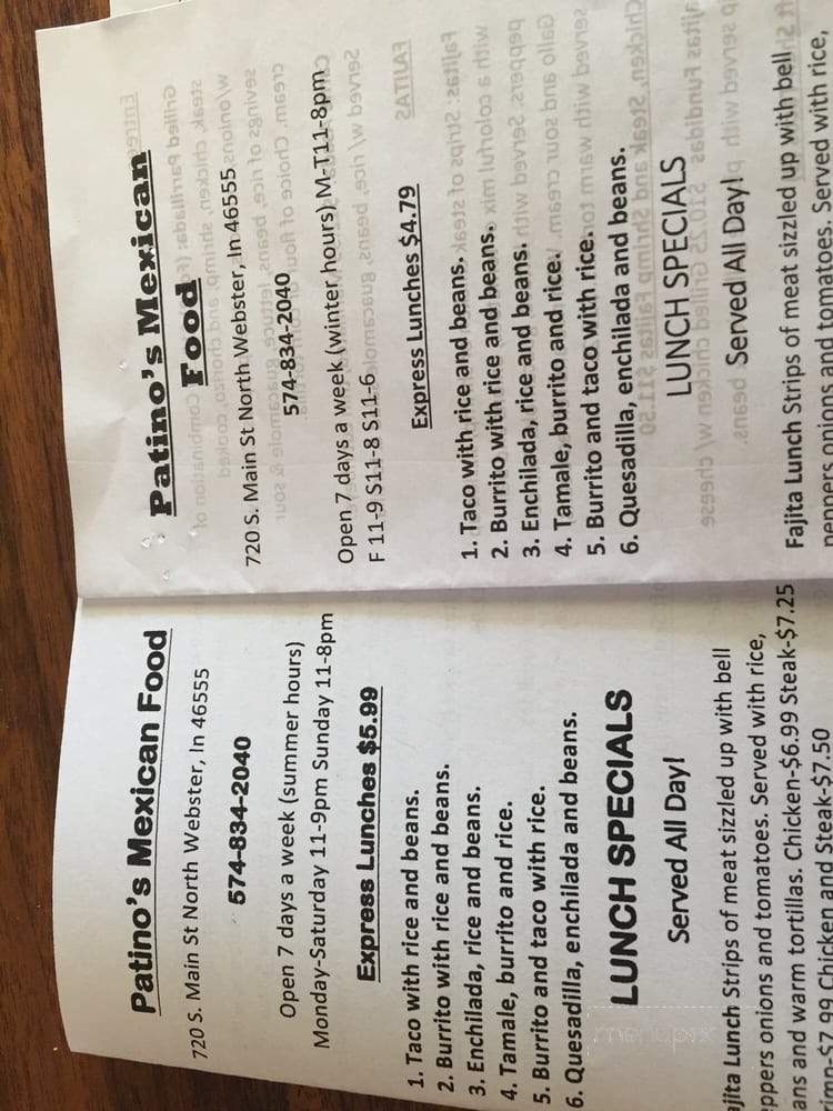 Patino's Mexican Food - North Webster, IN menu_pic