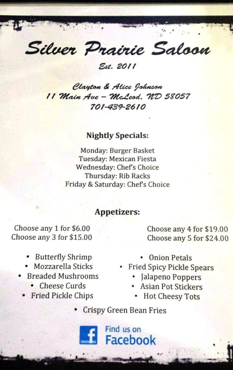 Silver Prairie Saloon - McLeod, ND menu_pic