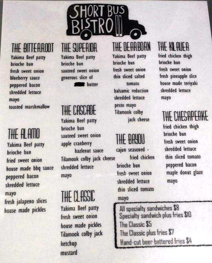 Short Bus Bistro - Spokane, WA menu_pic