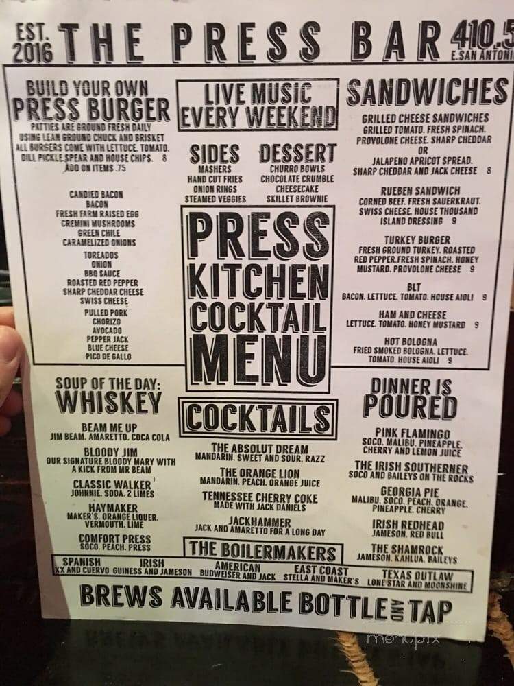 The Press Bar & Kitchen - El Paso, TX menu_pic