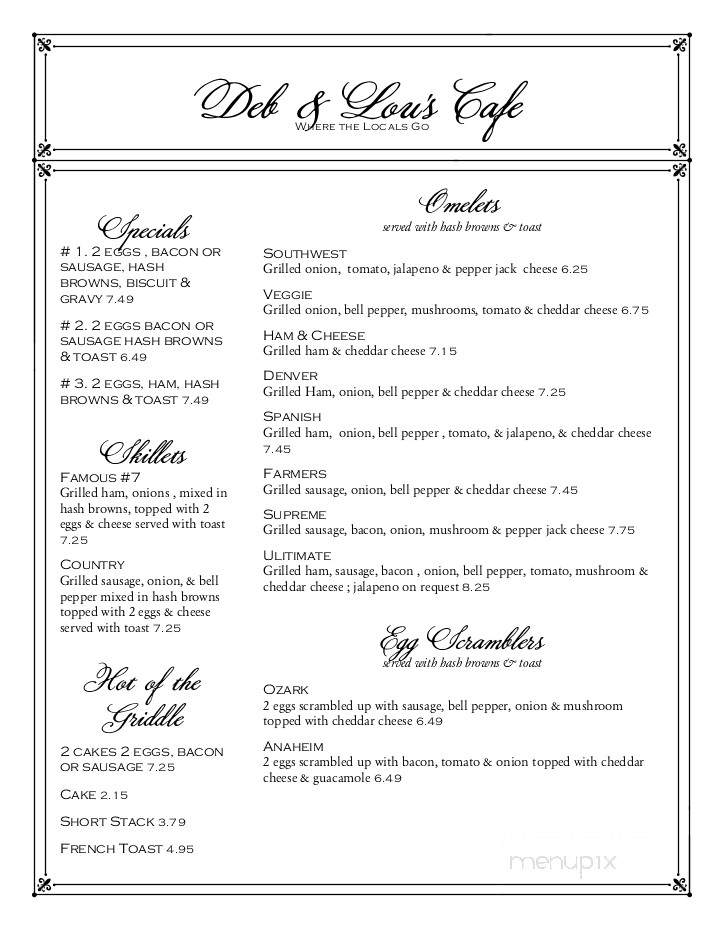 /28609298/Deb-And-Lous-Cafe-Menu-Gainesville-MO - Gainesville, MO