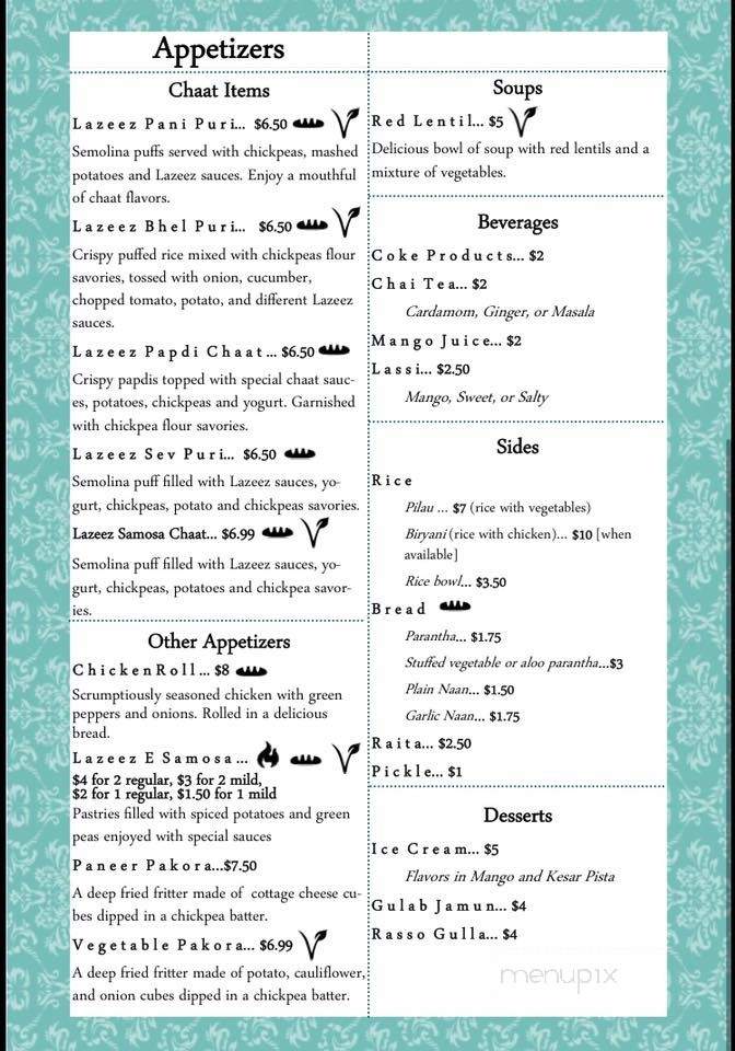 Lazeez Flavors of India Restaurant and Lazeez Chaat House - Spring Arbor, MI menu_pic
