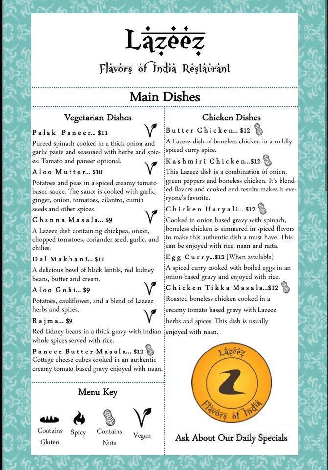 Lazeez Flavors of India Restaurant and Lazeez Chaat House - Spring Arbor, MI menu_pic