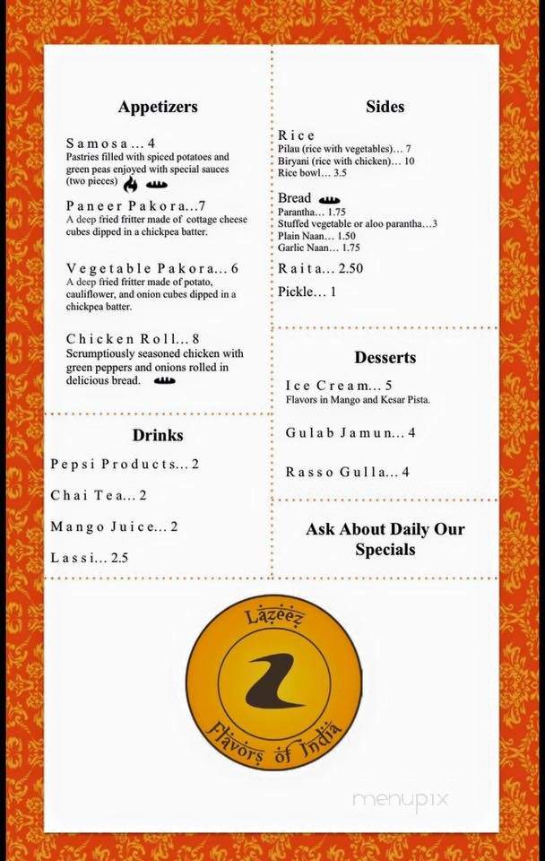 Lazeez Flavors of India Restaurant and Lazeez Chaat House - Spring Arbor, MI menu_pic