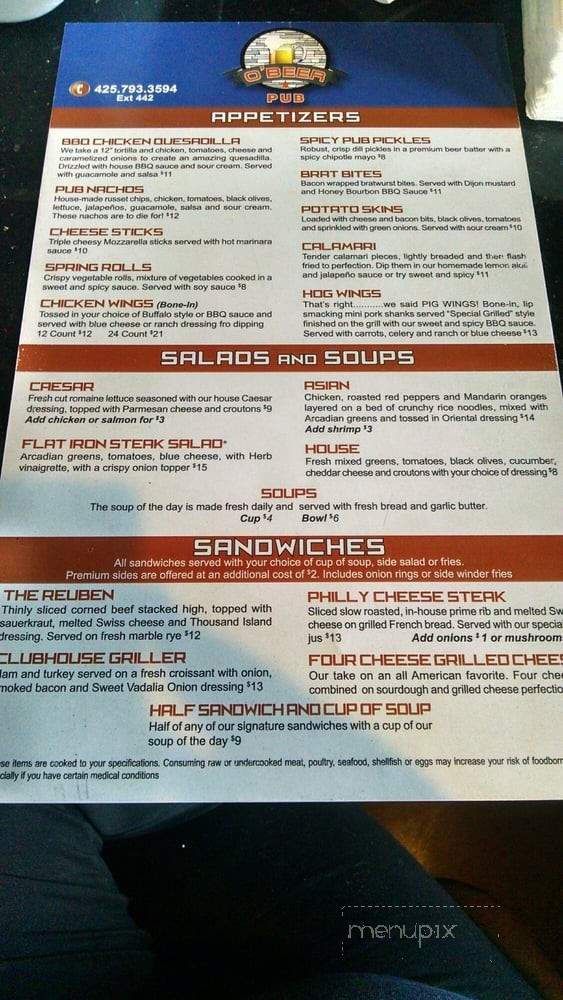 O'Beer Pub - Tukwila, WA menu_pic