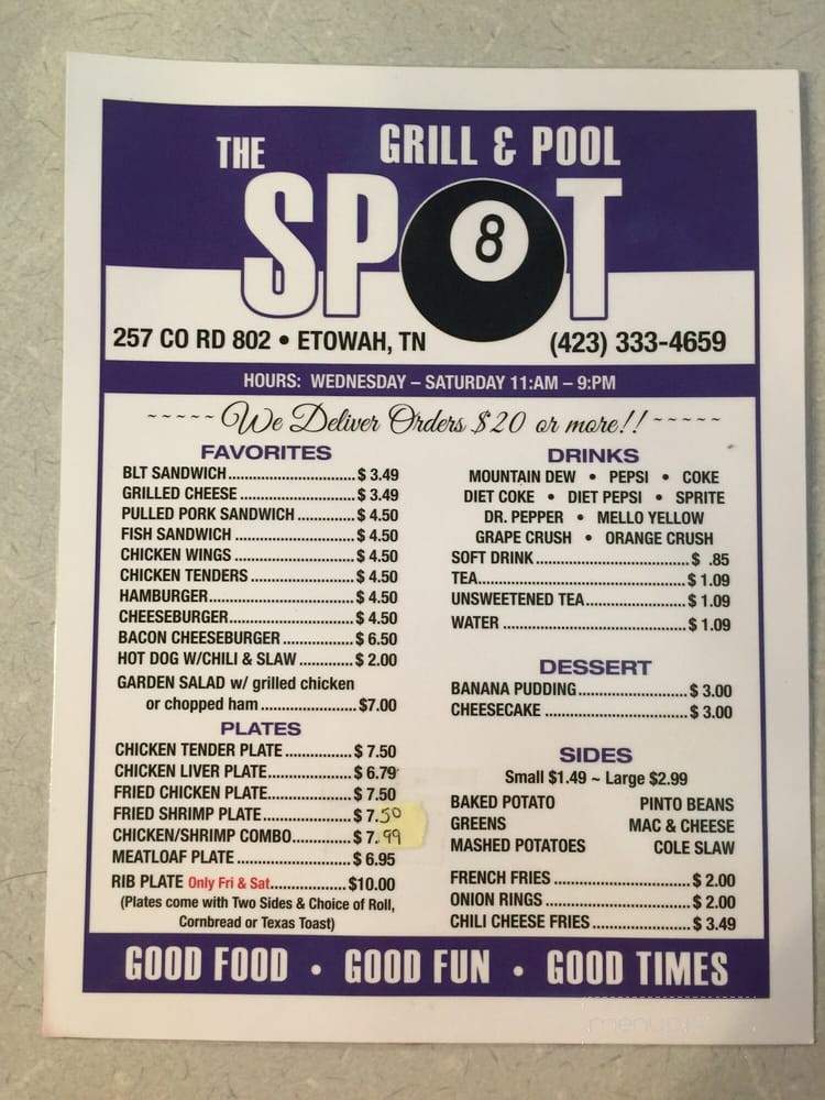 The Spot Pool & Grill Restaurant - Etowah, TN menu_pic