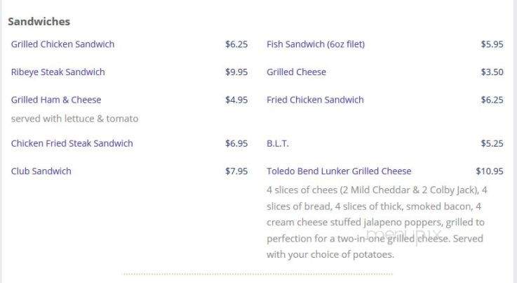Brandon's On The Bend - Many, LA menu_pic