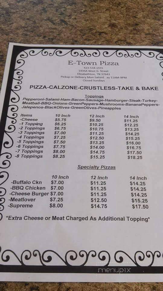 E-town Pizza - Elizabethton, TN menu_pic