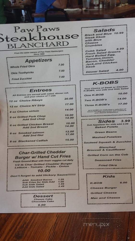 Paw paws Steakhouse - Blanchard, OK menu_pic
