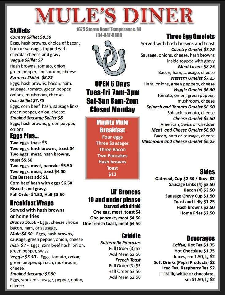 Mule's Diner - Temperance, MI menu_pic