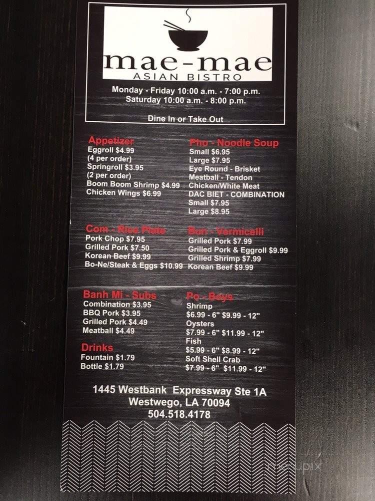 Mae Mae Asian Bistro - Westwego, LA menu_pic