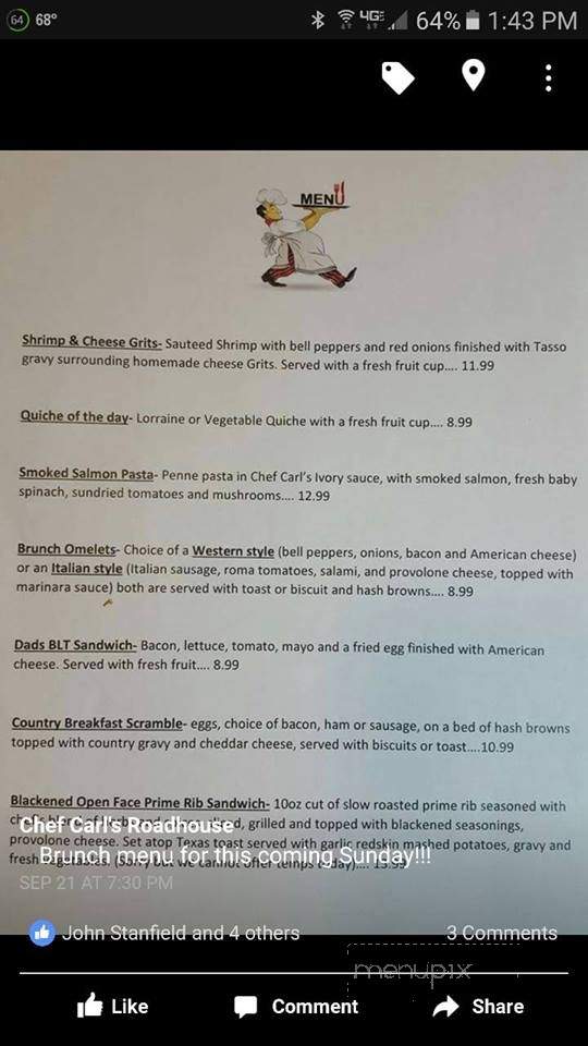 Chef Carl's Roadhouse - Cleveland, TN menu_pic