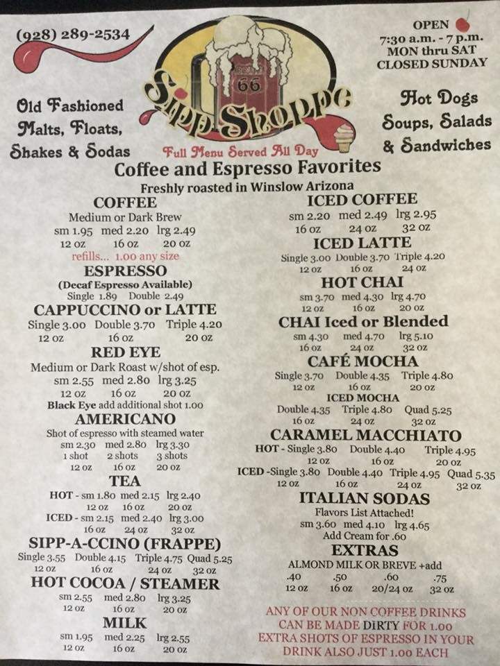 Sipp Shoppe - Winslow, AZ menu_pic