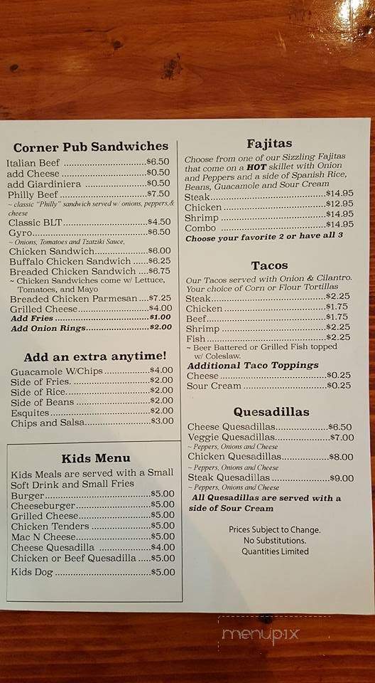 Corner Pub and Grill - Woodstock, IL menu_pic