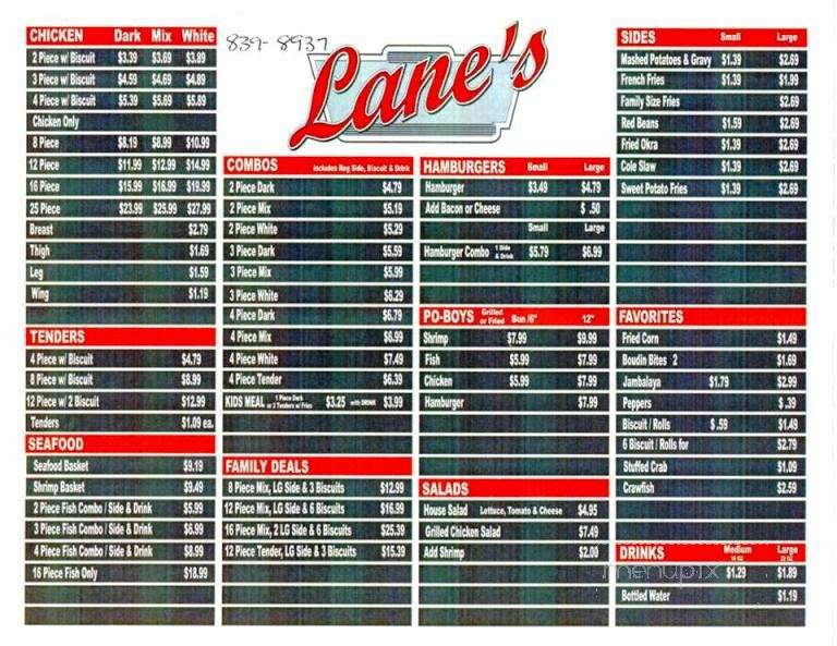 Lane's Chicken & Seafood - Franklinton, LA menu_pic