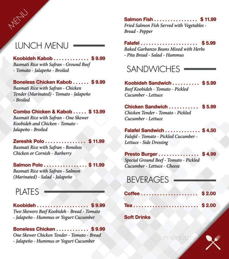 Presto Grill Restaurant - Los Angeles, CA menu_pic